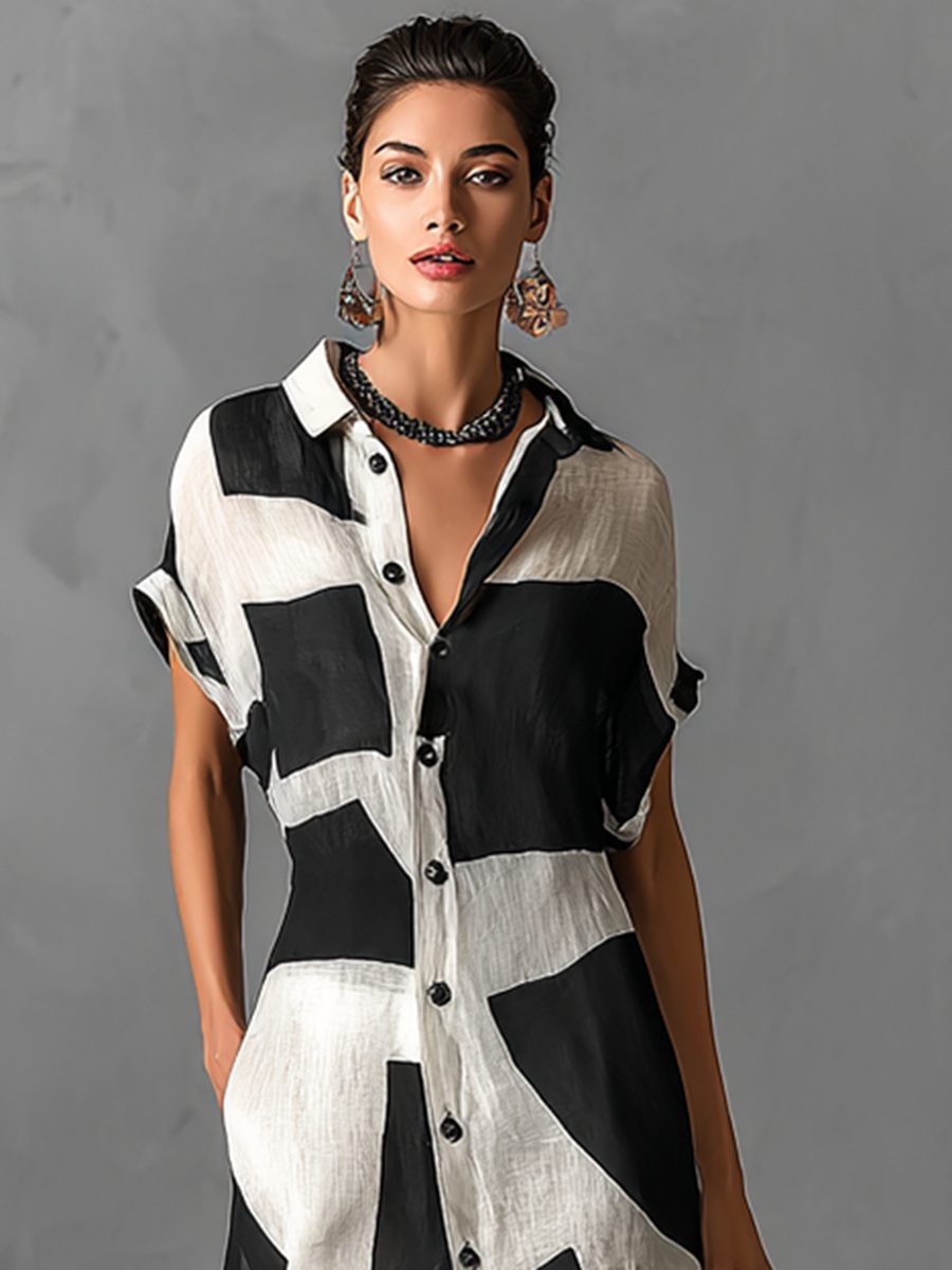 Cotton Linen Blend Geometric Print Lapel Maxi Shirt Dress for Women - View 3