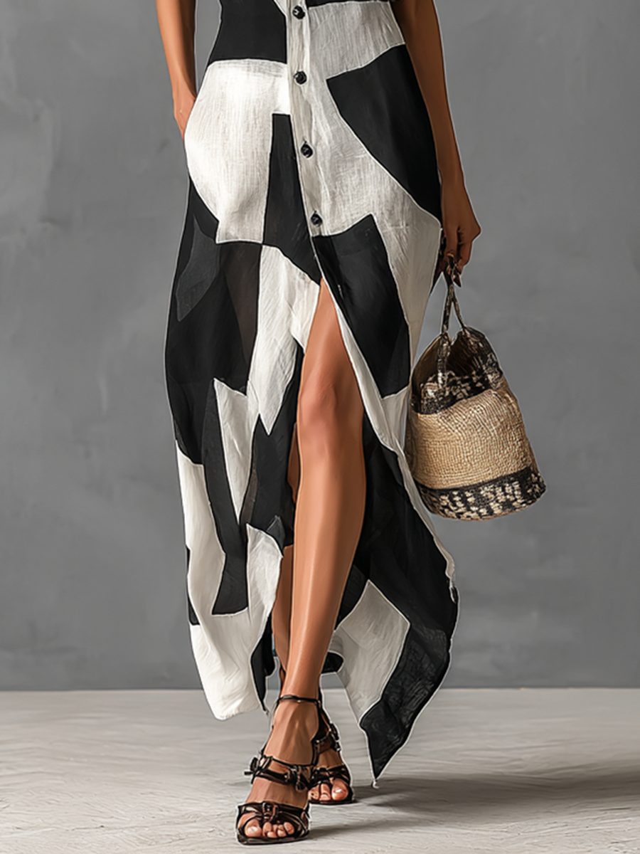 Cotton Linen Blend Geometric Print Lapel Maxi Shirt Dress for Women - View 4