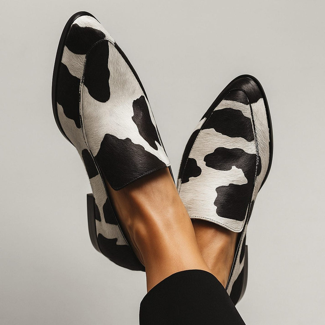 Cow Print Pointed Toe Slip-On Loafers for Women