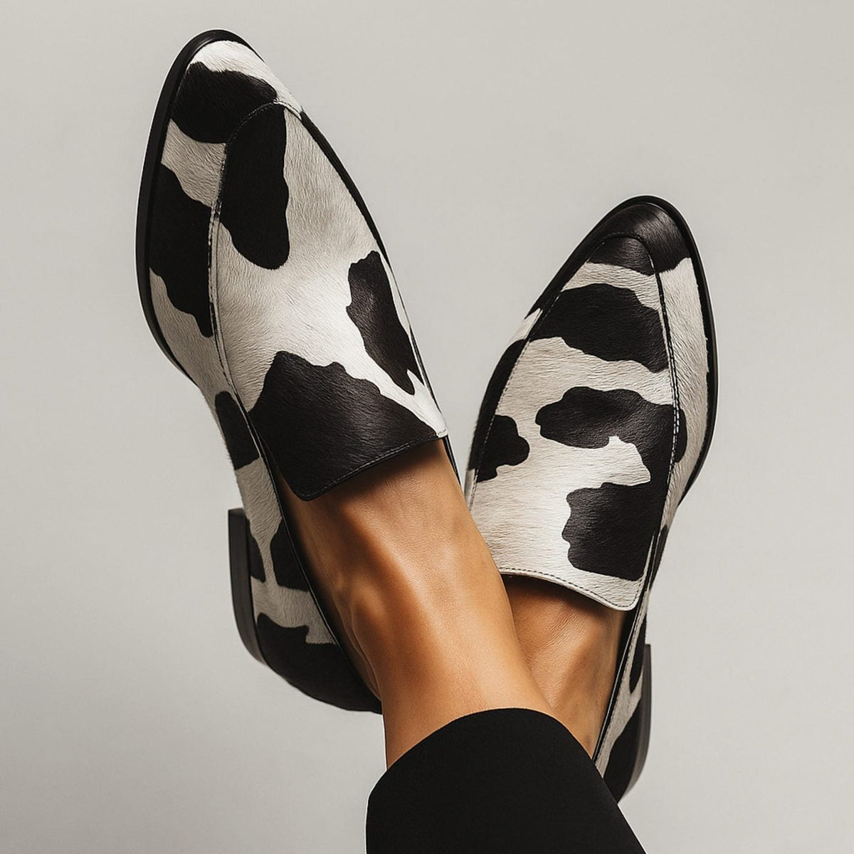 Cow Print Pointed Toe Slip-On Loafers for Women