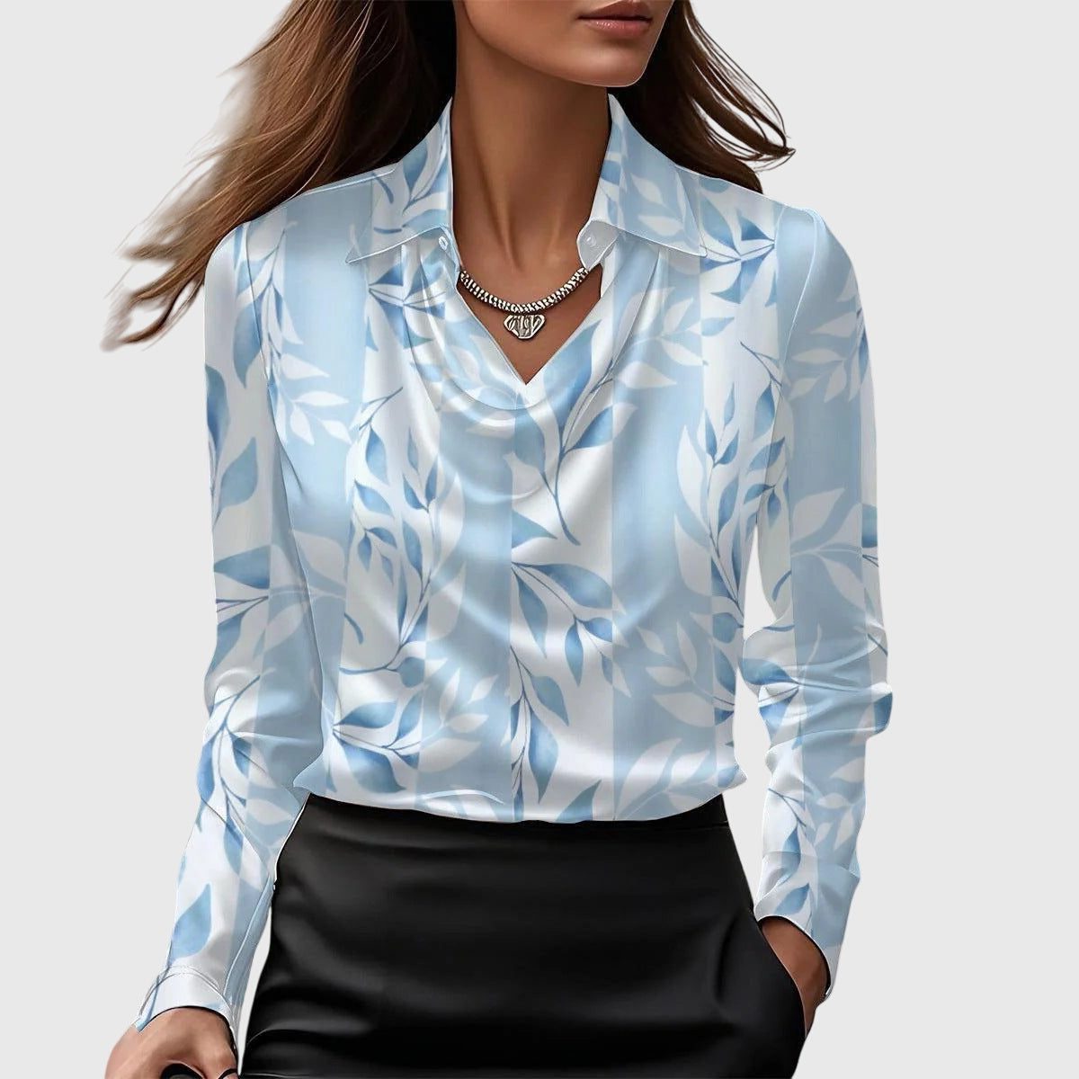 Cowl Neck Long Sleeve Blouse for Women - Light Blue Floral