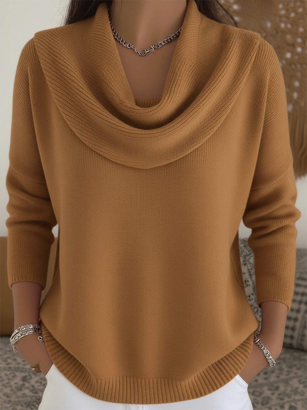 Cowl Neck Long Sleeve Merino Wool Jumper for Women - Camel