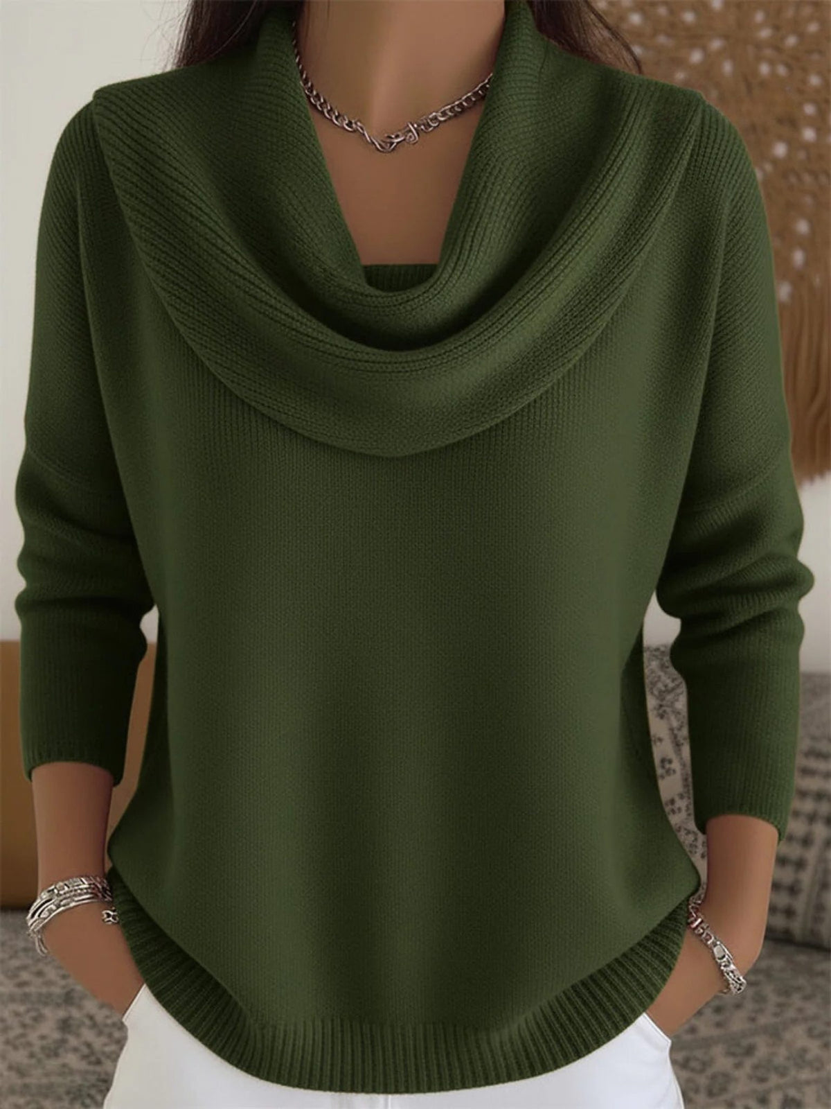 Cowl Neck Long Sleeve Merino Wool Jumper for Women - Pine