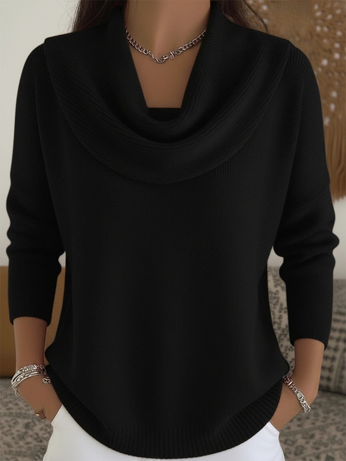 Cowl Neck Long Sleeve Merino Wool Jumper for Women - Black