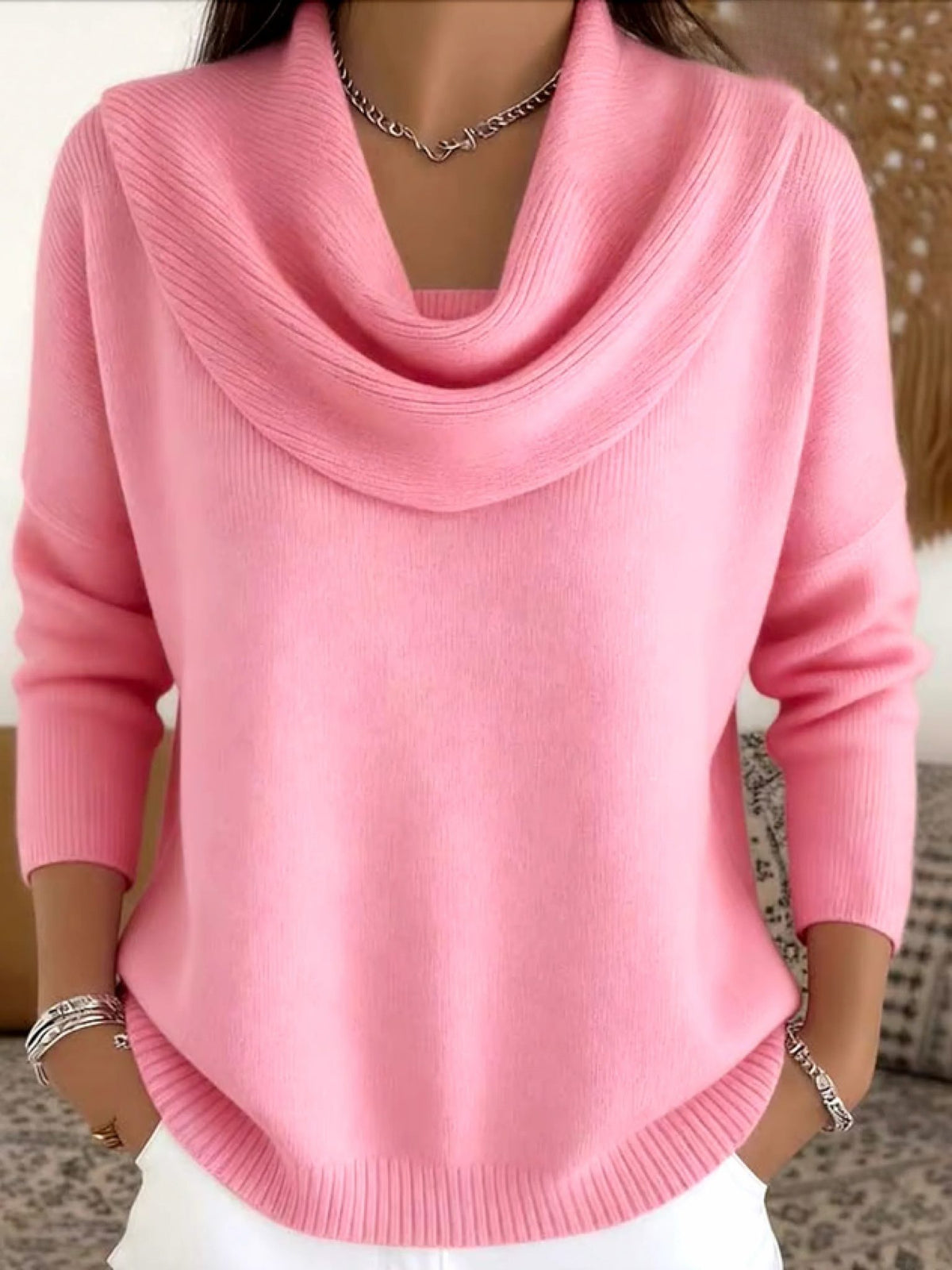 Cowl Neck Long Sleeve Merino Wool Jumper for Women - Pink