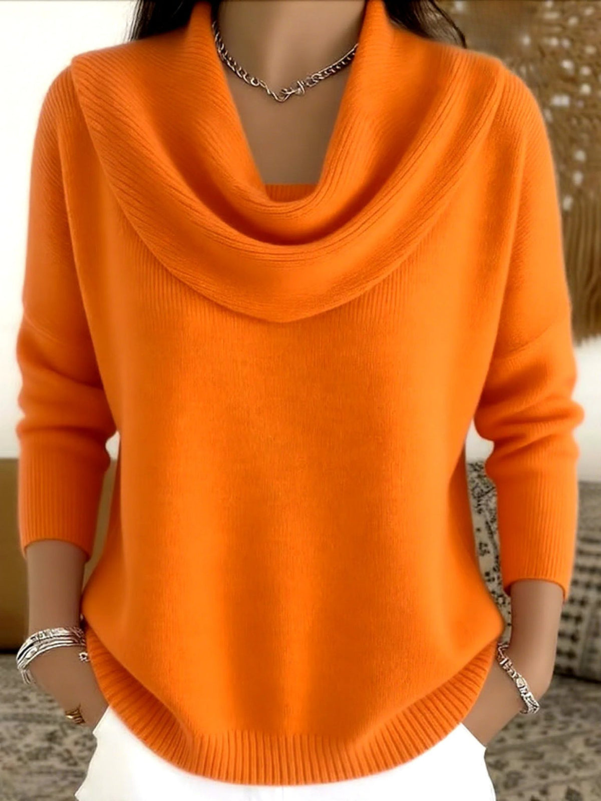 Cowl Neck Long Sleeve Merino Wool Jumper for Women - Orange