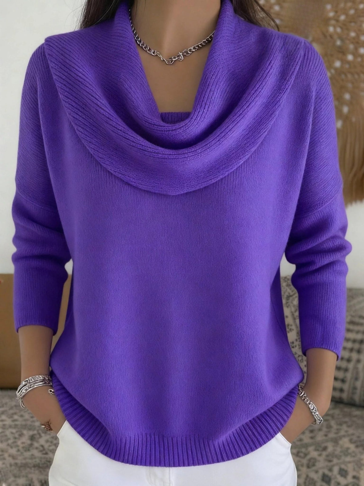 Cowl Neck Long Sleeve Merino Wool Jumper for Women - Purple