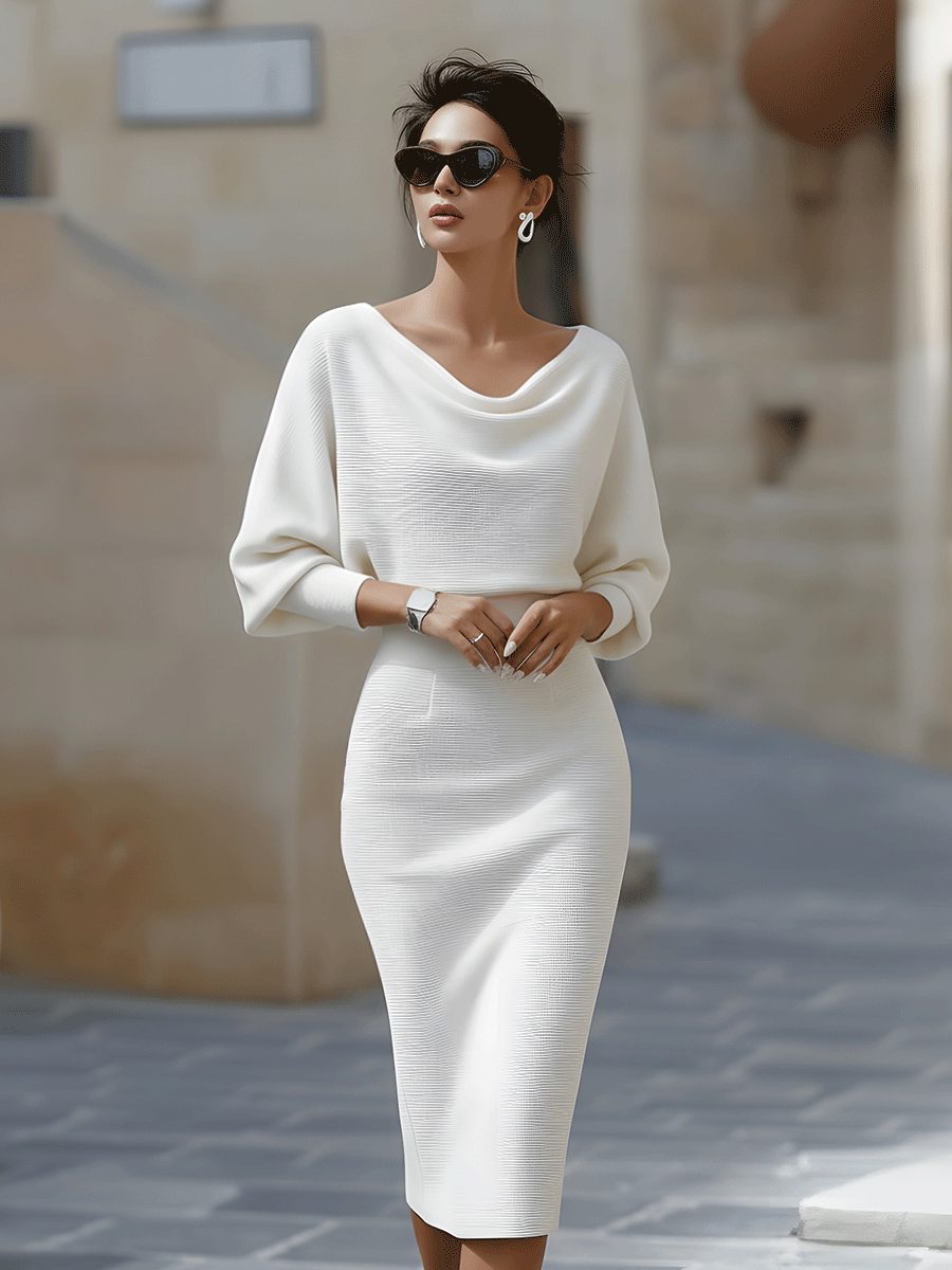 Cowl Neck Midi Dress for Women - White