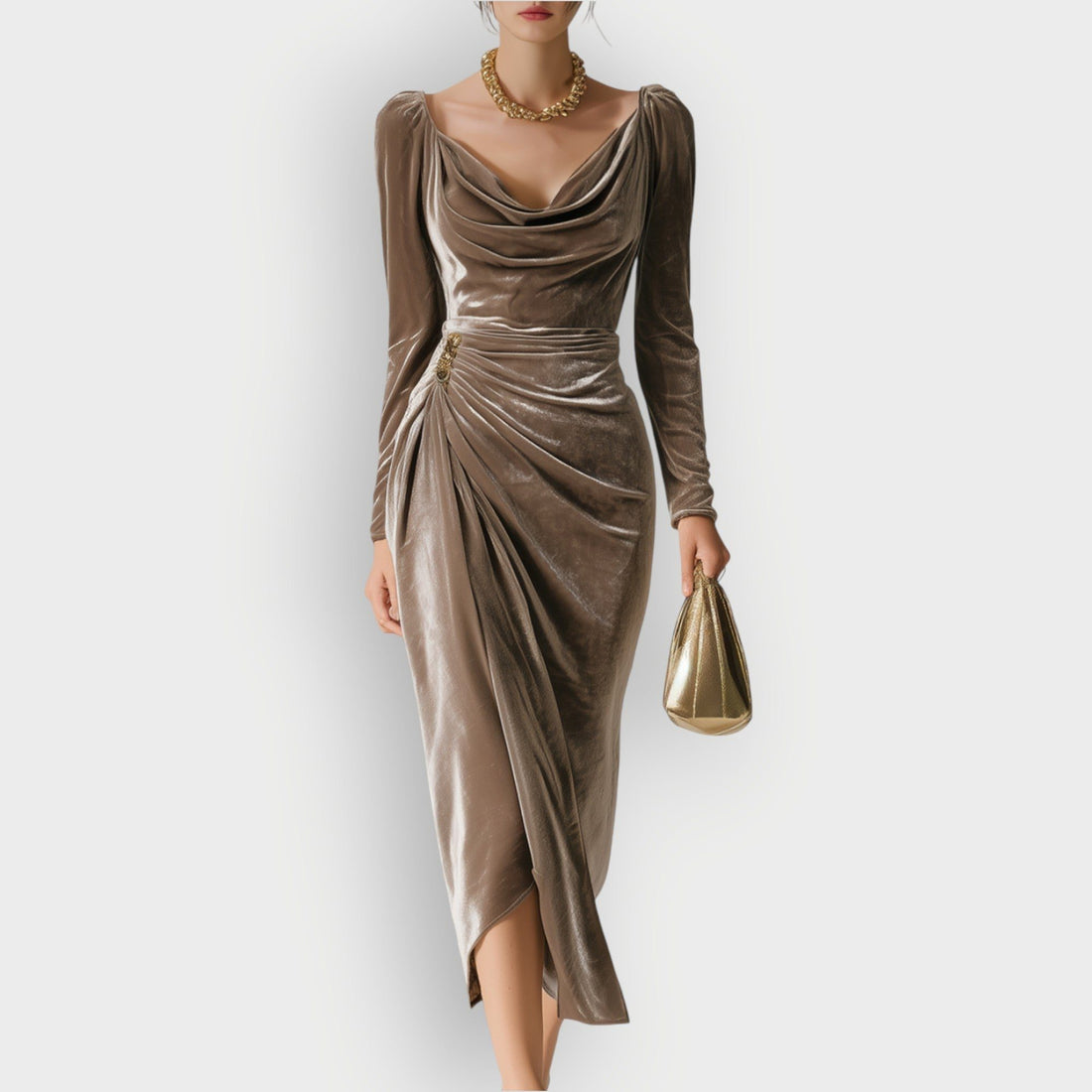 Cowl Neck Midi Dress with Long Sleeves for Women