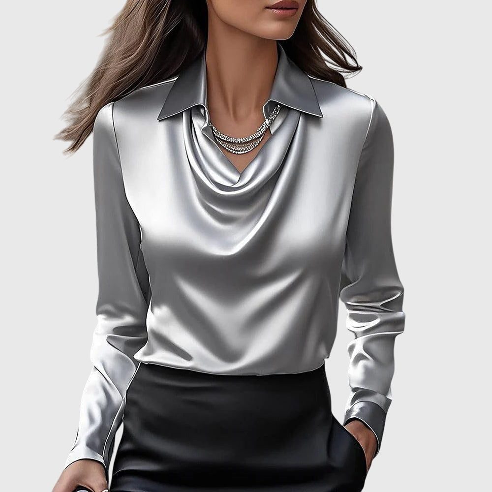 Cowl Neck Satin Blouse for Women - Silver