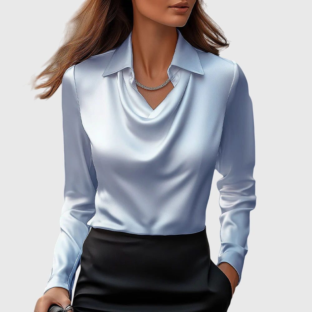 Cowl Neck Satin Blouse for Women - Light Blue
