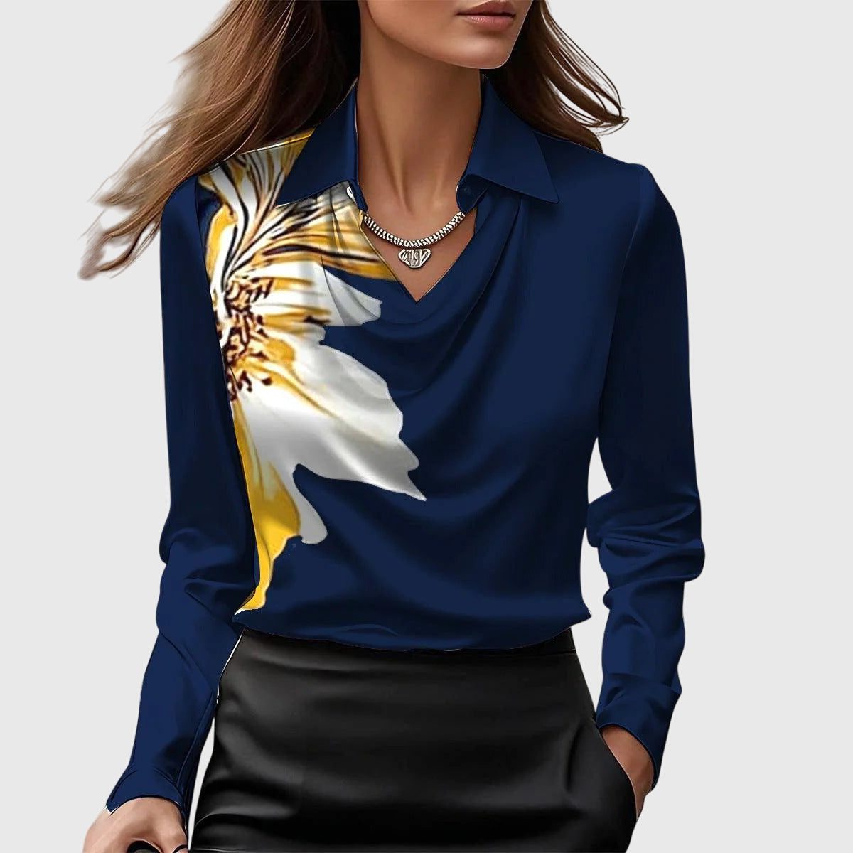 Cowl Neck Satin Blouse for Women - Navy