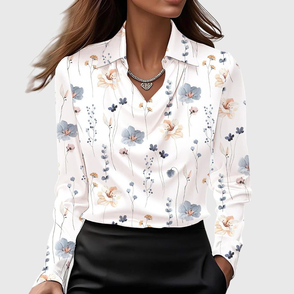 Cowl Neck Satin Blouse for Women - White Floral