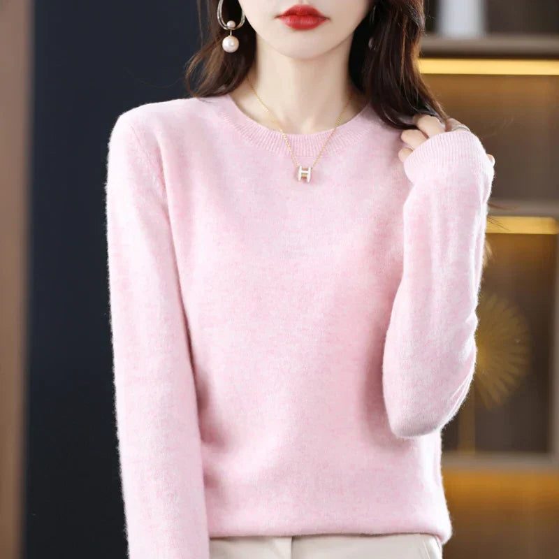 Crew Neck Cashmere Sweater for Women - Light Pink