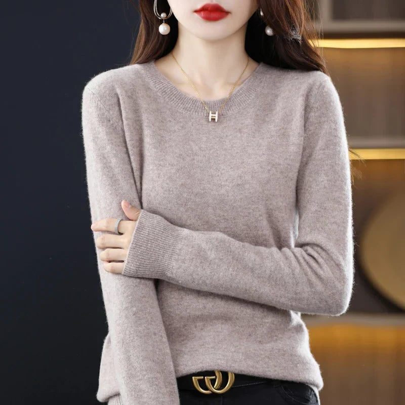 Crew Neck Cashmere Sweater for Women - Gray White