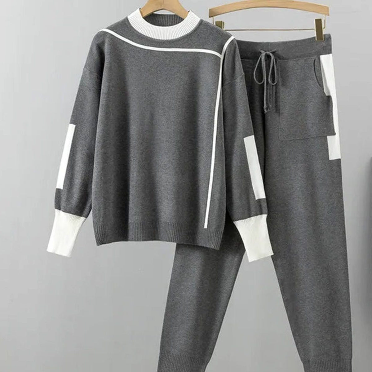 Crew Neck Ribbed Knit Drawstring Jogger Set for Women