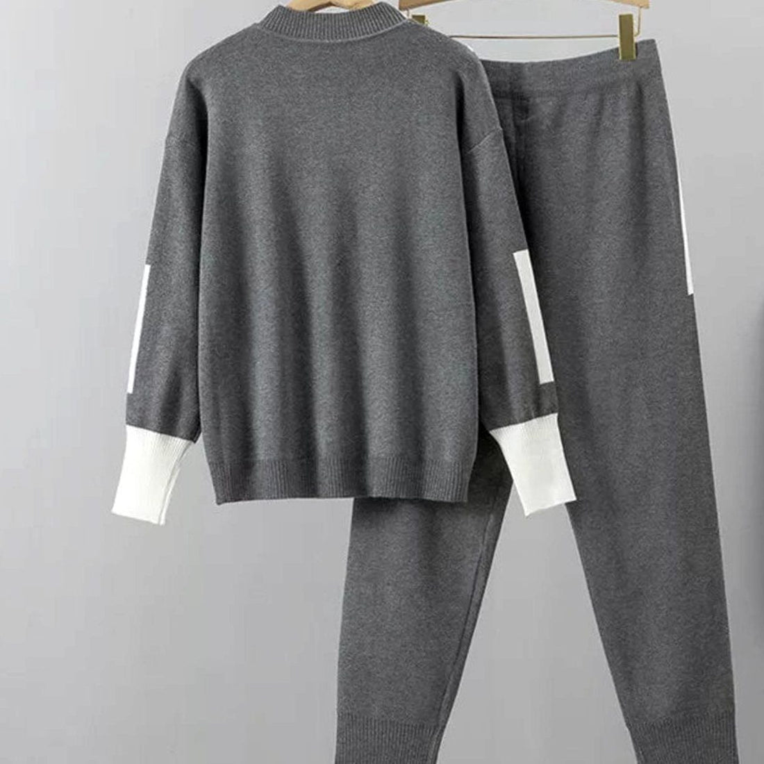 Crew Neck Ribbed Knit Drawstring Jogger Set for Women