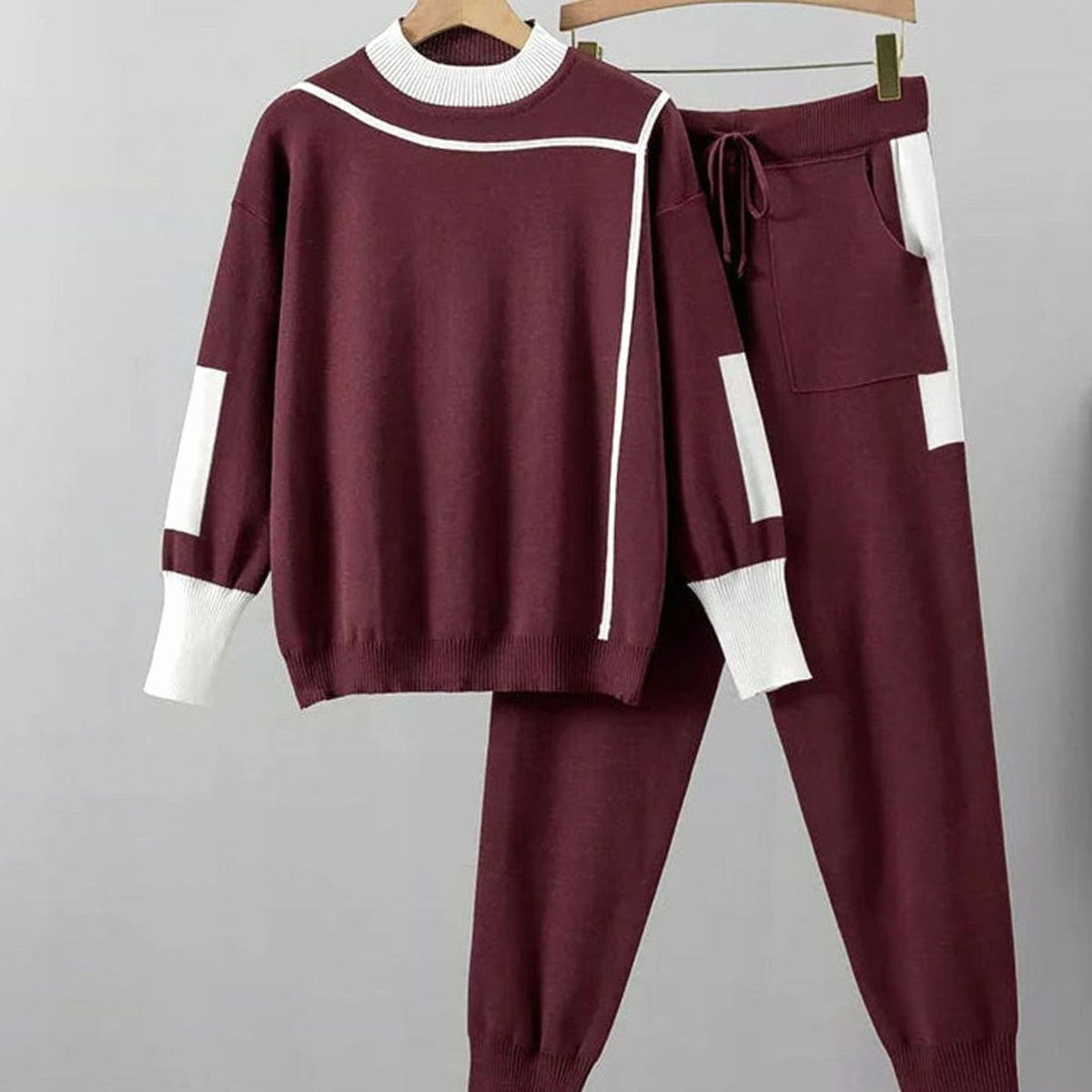 Crew Neck Ribbed Knit Drawstring Jogger Set for Women - Red