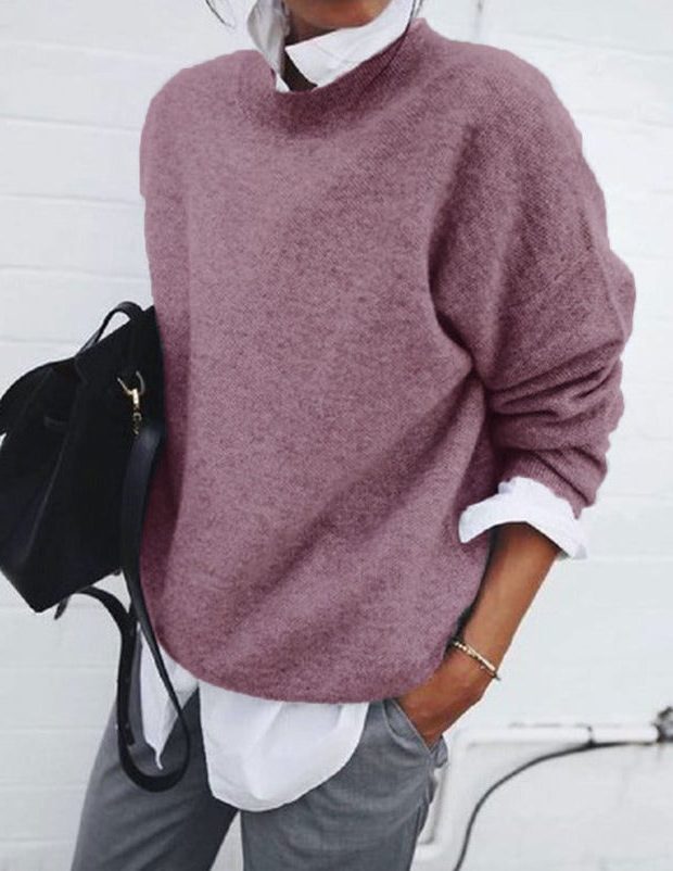 Crew Neck Ribbed Knit Pullover for Women - Rose