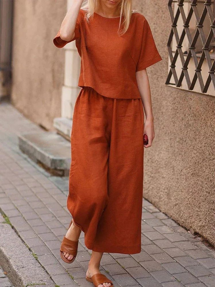 Crew Neck Wide Leg Two-Piece Set for Women