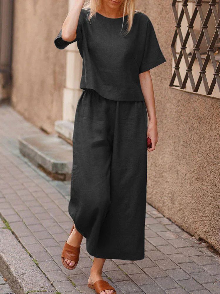 Crew Neck Wide Leg Two-Piece Set for Women - Black