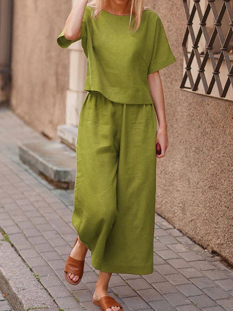 Crew Neck Wide Leg Two-Piece Set for Women - Green