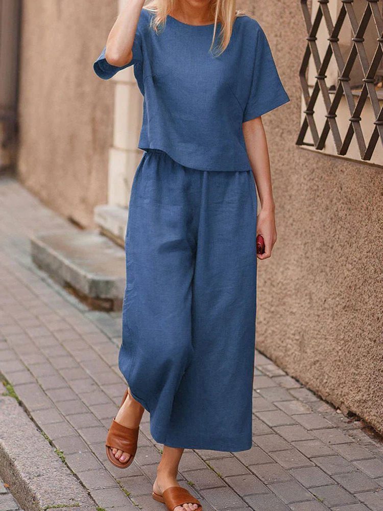 Crew Neck Wide Leg Two-Piece Set for Women - Blue
