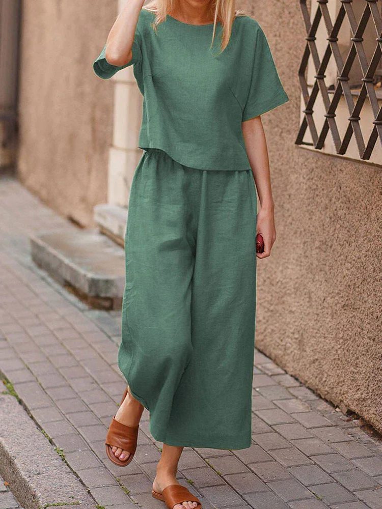 Crew Neck Wide Leg Two-Piece Set for Women - Dark Green