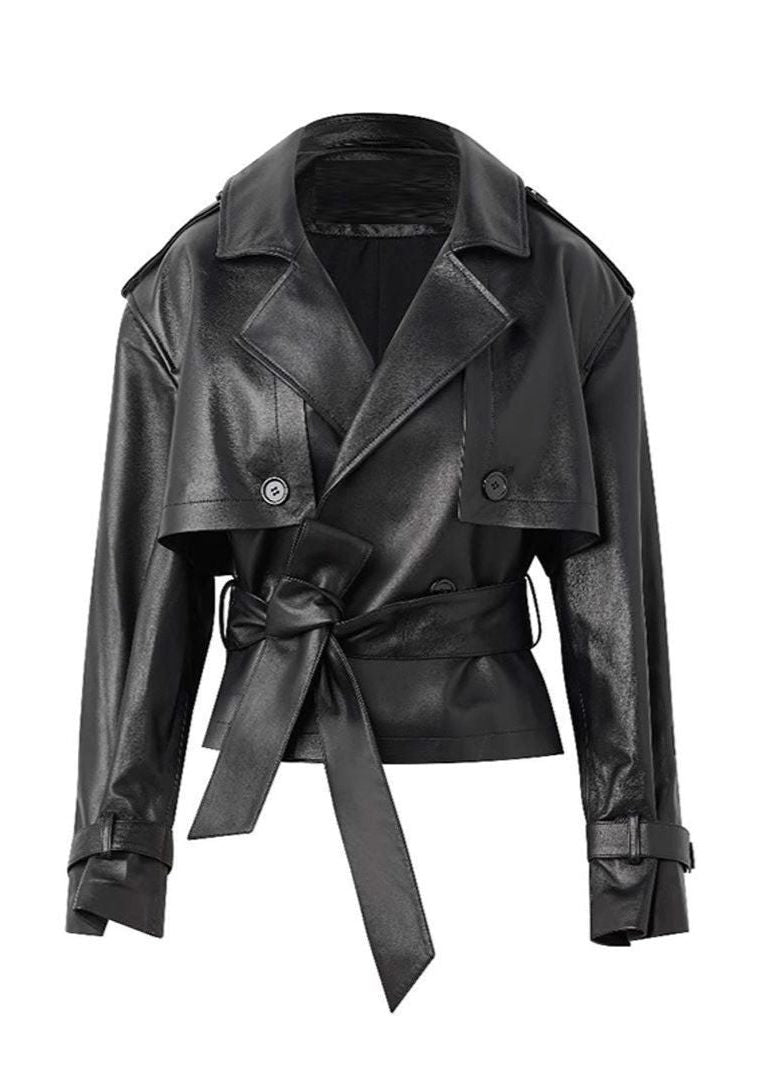 Cropped Belted Double-Breasted Trench Coat for Women - Black