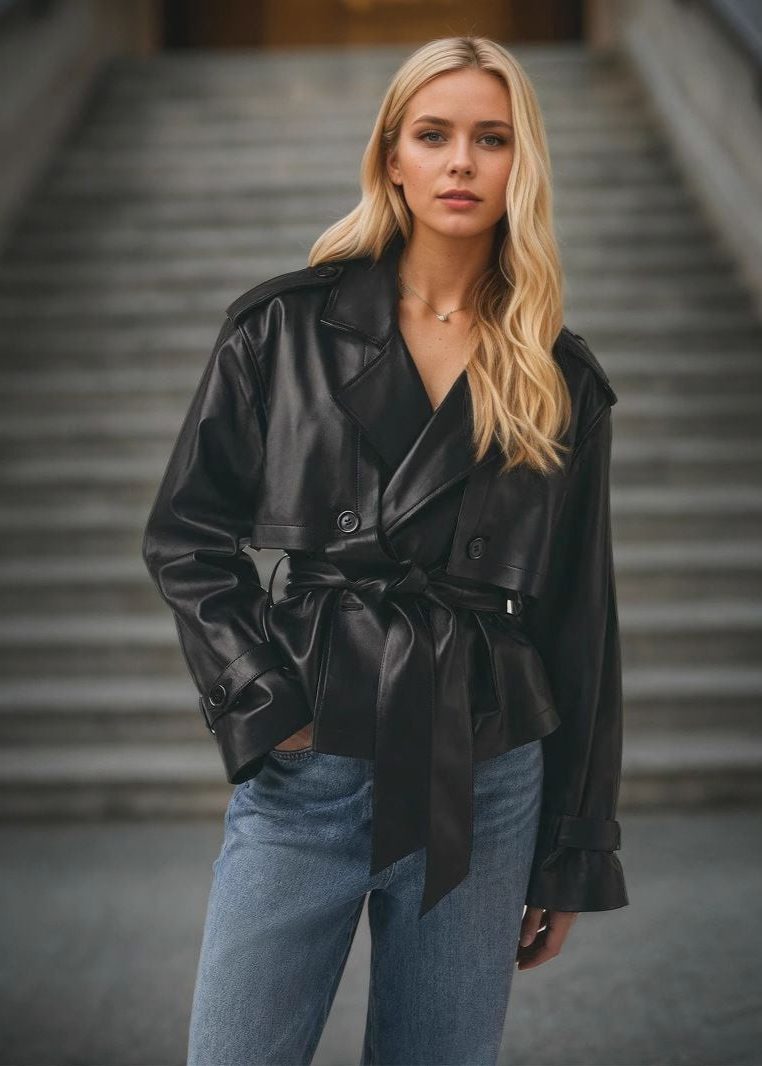 Cropped Belted Double-Breasted Trench Coat for Women