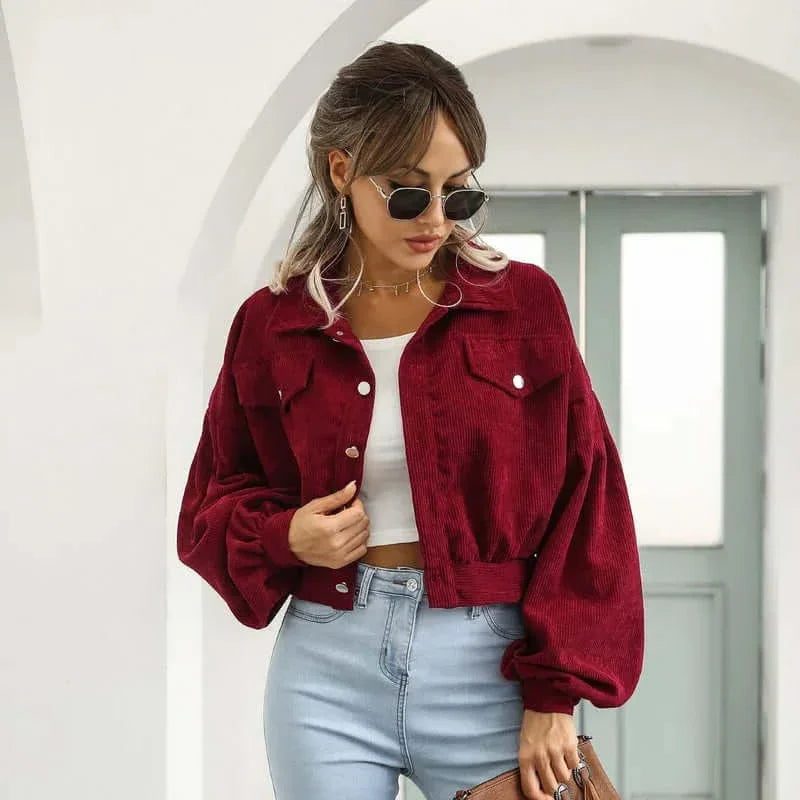 Cropped Corduroy Bomber Jacket for Women - Burgundy
