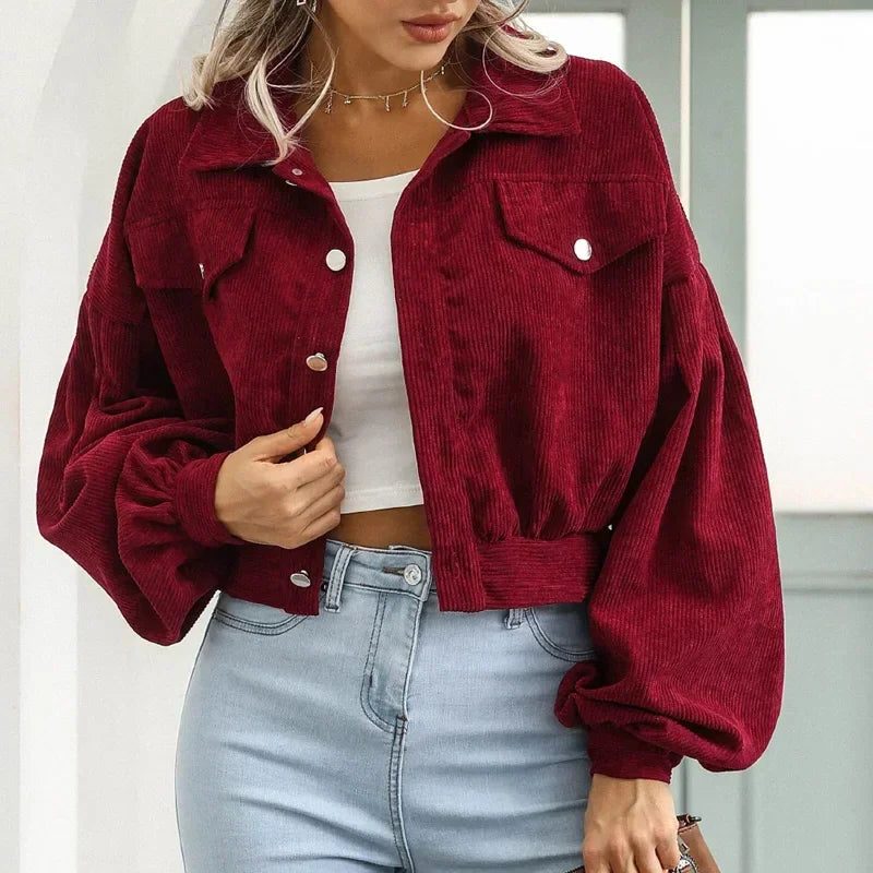 Cropped Corduroy Bomber Jacket for Women - View 5