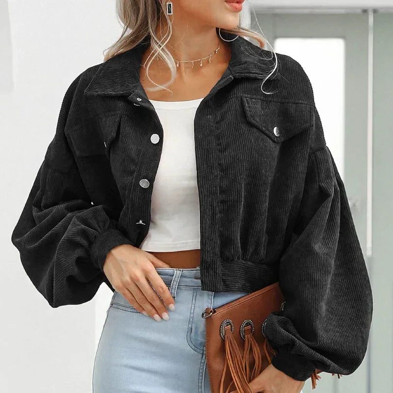 Cropped Corduroy Bomber Jacket for Women - View 8