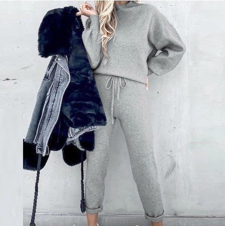 Cropped Crew Neck Sweatshirt Jogger Set for Women - Gray