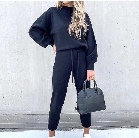 Cropped Crew Neck Sweatshirt Jogger Set for Women - Dark Blue
