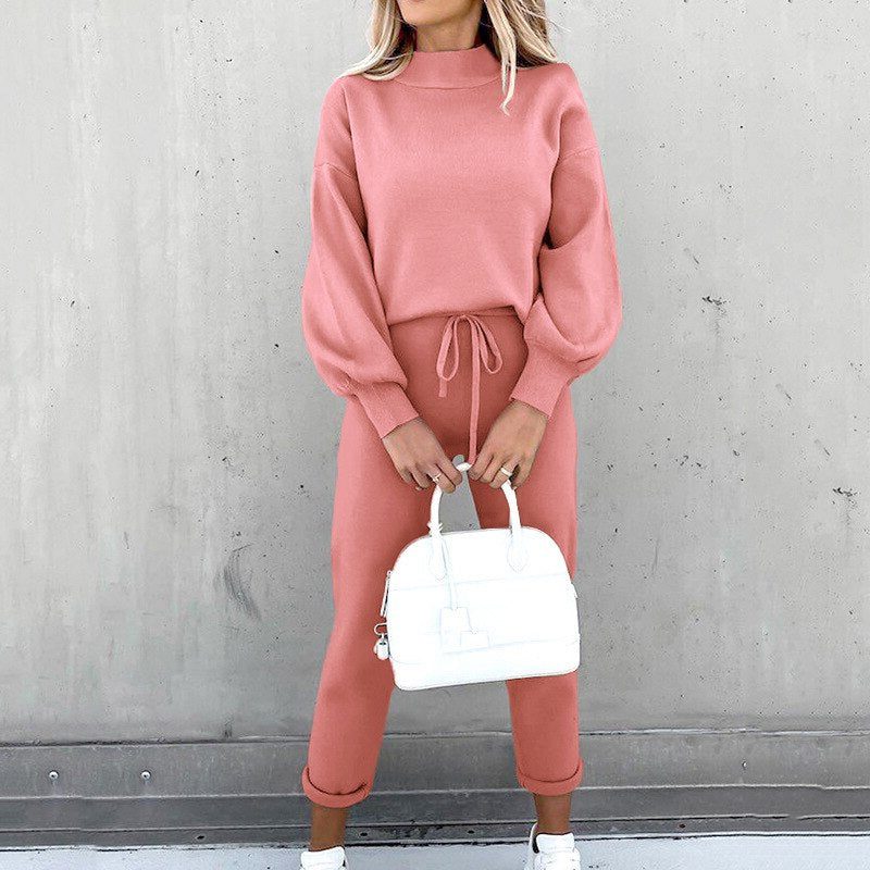 Cropped Crew Neck Sweatshirt Jogger Set for Women - Pink