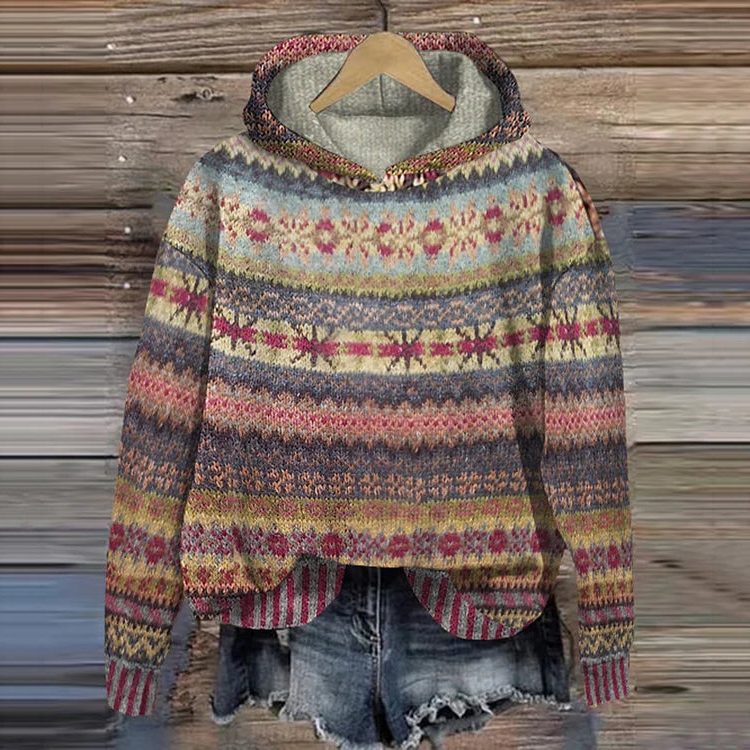 Cropped Ethnic Patterned Hoodie for Women