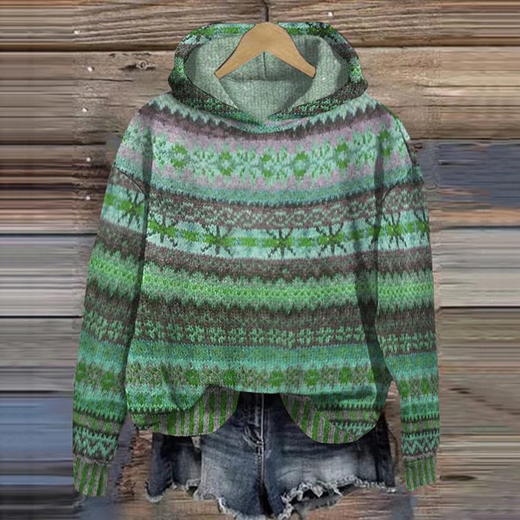 Cropped Ethnic Patterned Hoodie for Women - Green