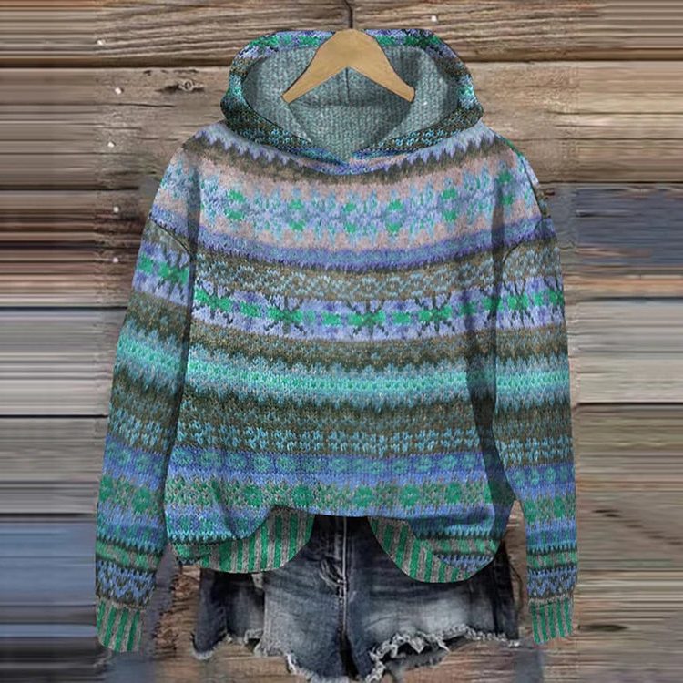 Cropped Ethnic Patterned Hoodie for Women - Blue