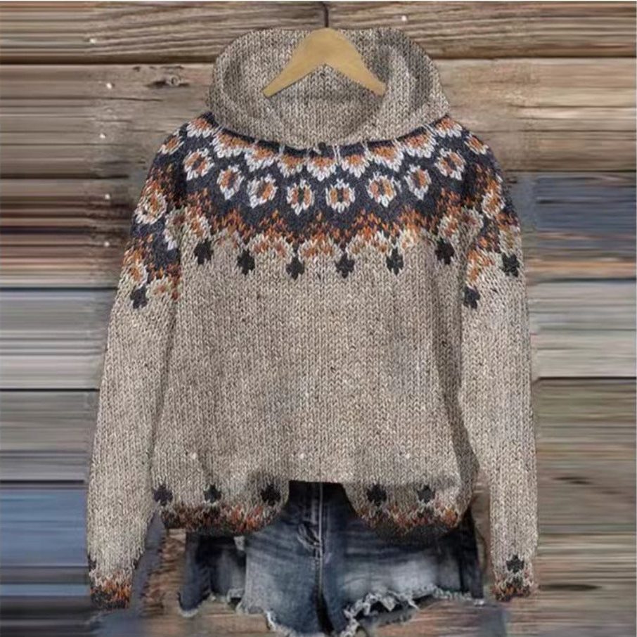 Cropped Ethnic Patterned Hoodie for Women - Khaki
