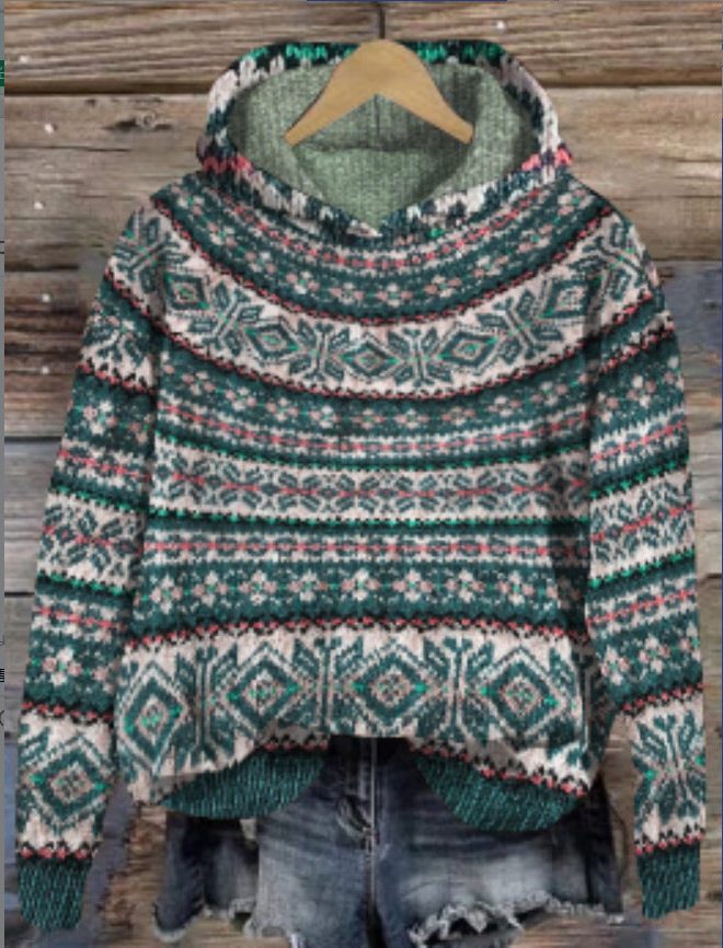 Cropped Ethnic Patterned Hoodie for Women - Dark green