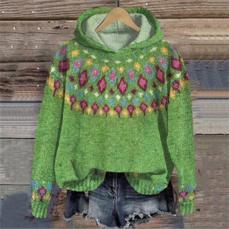 Cropped Ethnic Patterned Hoodie for Women - Light green