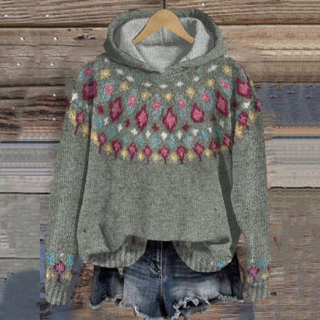 Cropped Ethnic Patterned Hoodie for Women - Sage green