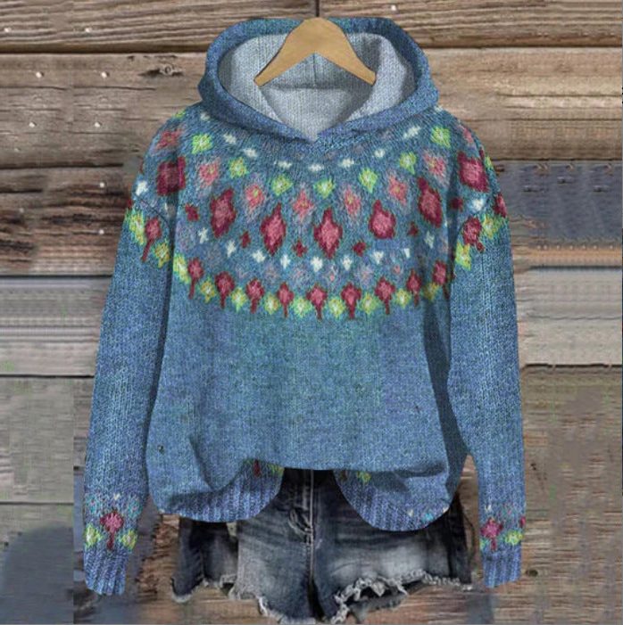 Cropped Ethnic Patterned Hoodie for Women - Denim blue
