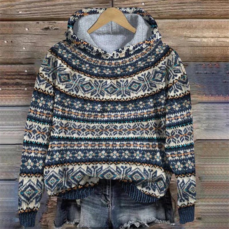 Cropped Ethnic Patterned Hoodie for Women - Midnight blue