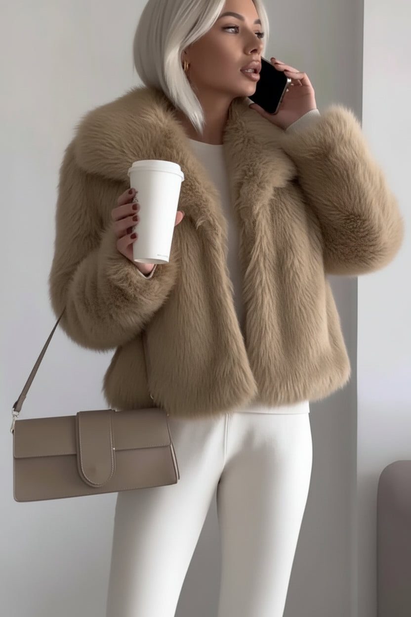 Cropped Faux Fur Statement Coat for Women - Light Brown