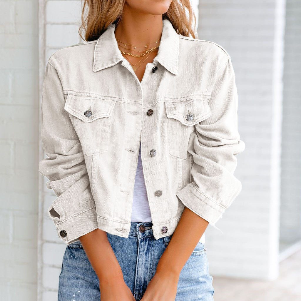 Cropped Jean Jacket with Collar for Women - White