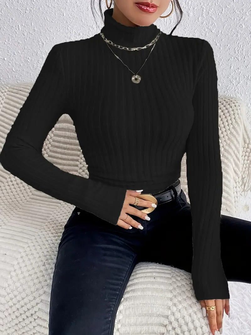 Cropped Ribbed Knit Turtleneck Sweater for Women - Schwarz