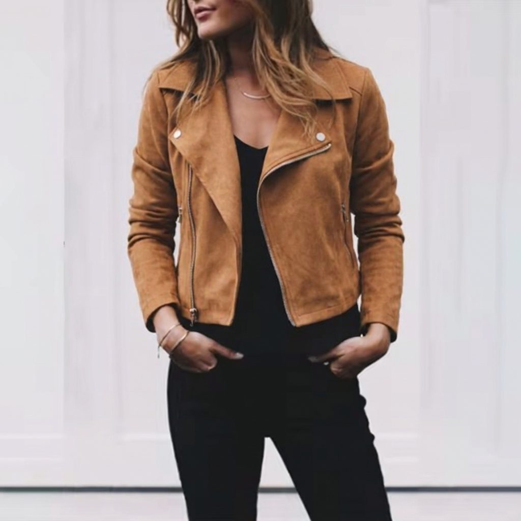 Cropped Suede Jacket with Lapel Collar for Women