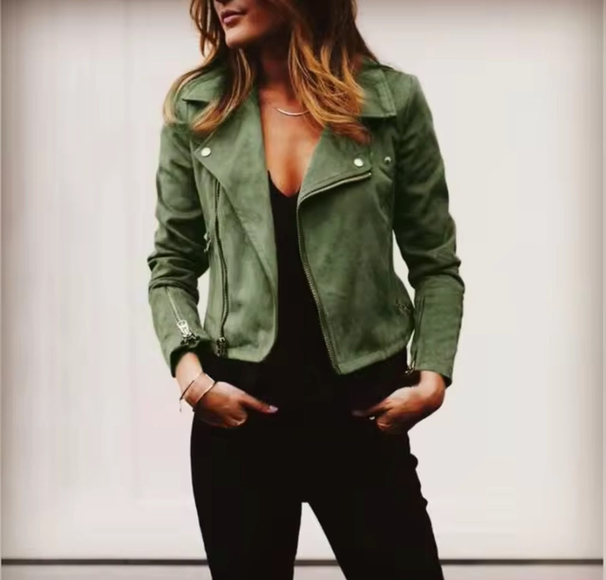 Cropped Suede Jacket with Lapel Collar for Women - Green